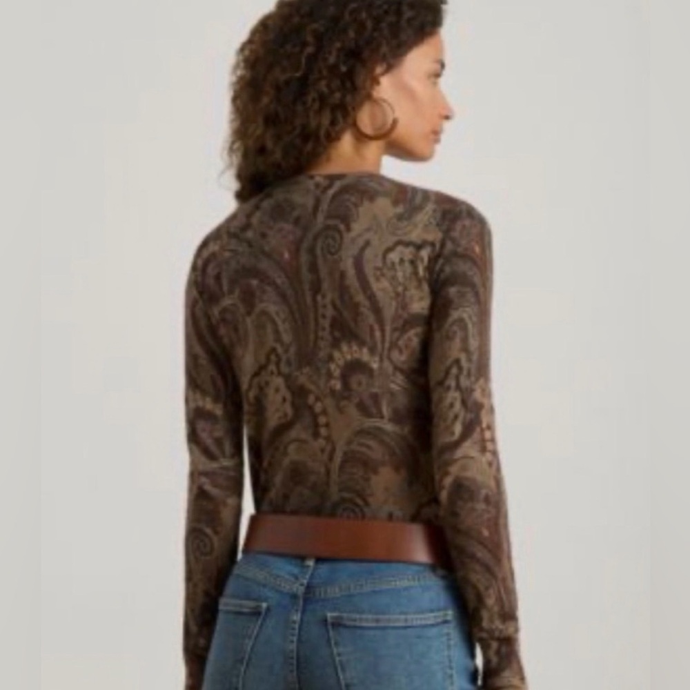 Les Copains Paisley Long-Sleeve V neck Slim Fit Top in Brown
